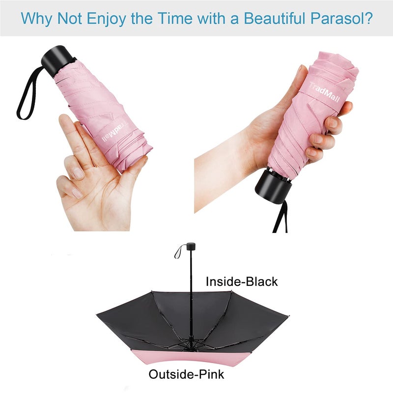 TradMall Mini Travel Umbrella, Portable Lightweight Compact Parasol with 95% UV Protection for Sun & Rain, Pink - Image 2